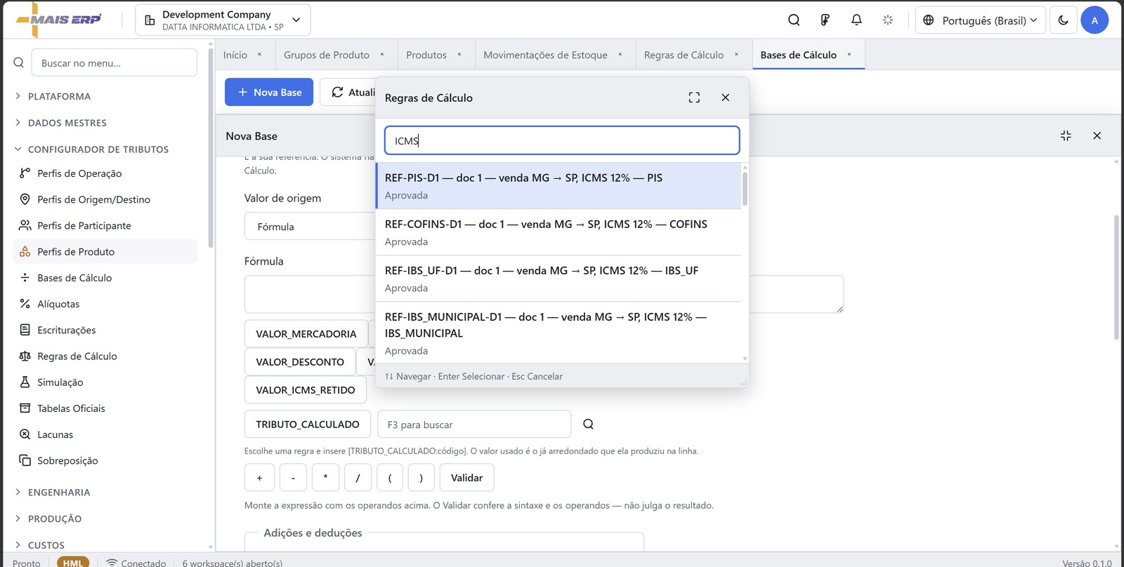 Tela do Configurador de Tributos do MAIS ERP